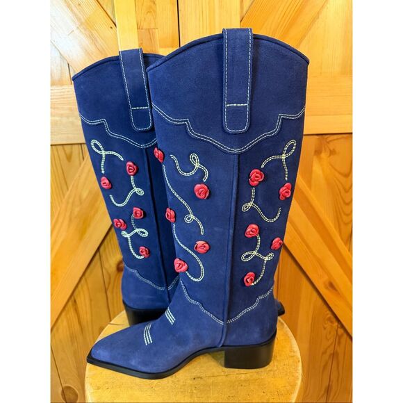 Larroudé Paloma Boot In Navy Suede Size 7.5 - Picture 5 of 8